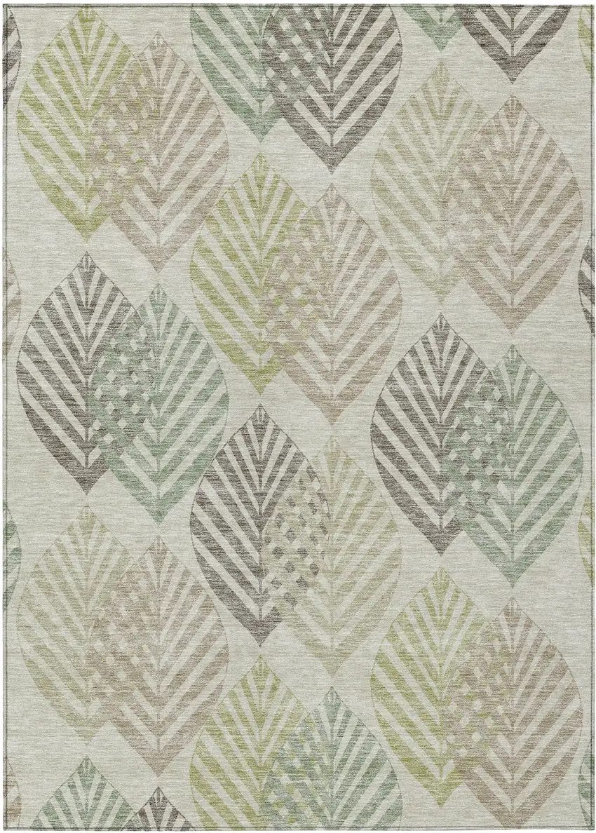 Taupe Beige And Artichoke Green Floral Washable Indoor Outdoor Area Rug Photo 2