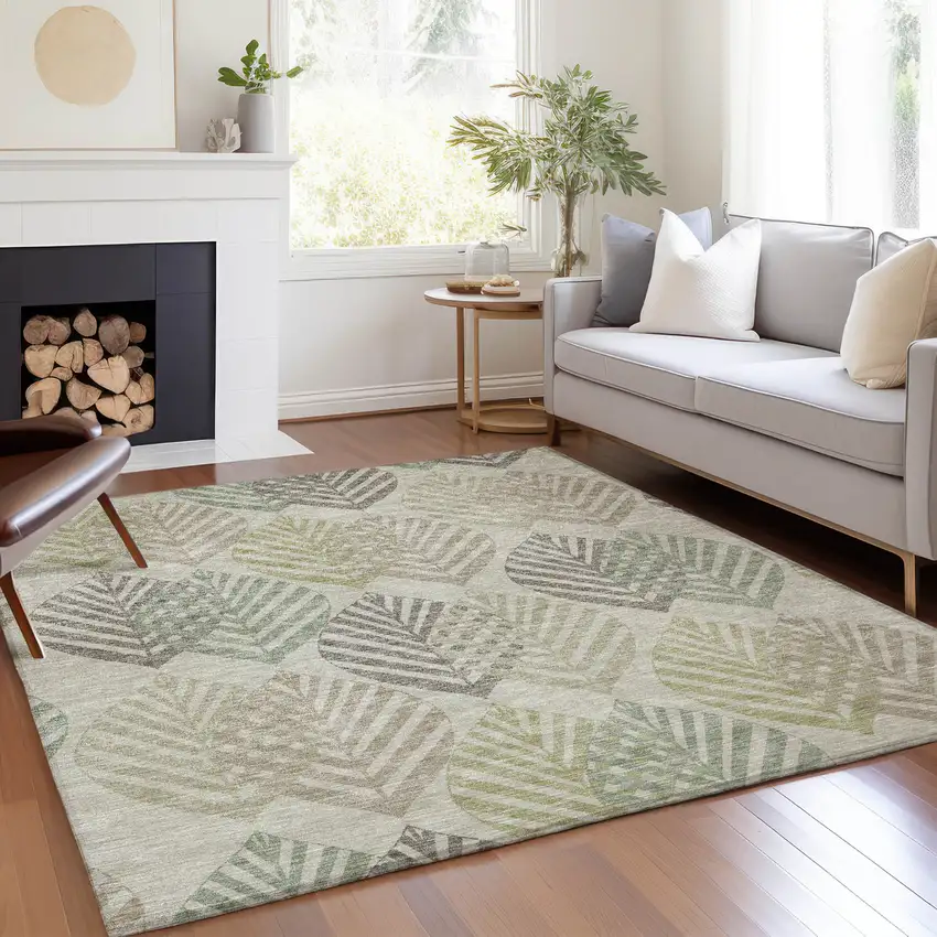 Taupe Beige And Artichoke Green Floral Washable Indoor Outdoor Area Rug Photo 9