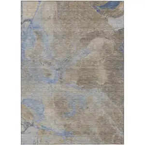Photo of Taupe Beige And Blue Abstract Washable Indoor Outdoor Area Rug