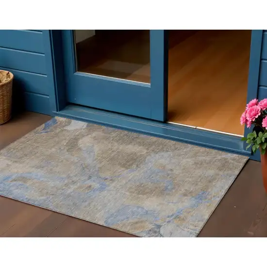 Taupe Beige And Blue Abstract Washable Indoor Outdoor Area Rug Photo 2
