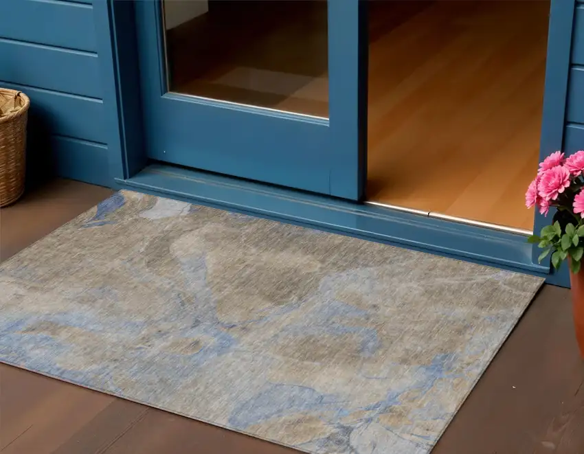 Taupe Beige And Blue Abstract Washable Indoor Outdoor Area Rug Photo 2