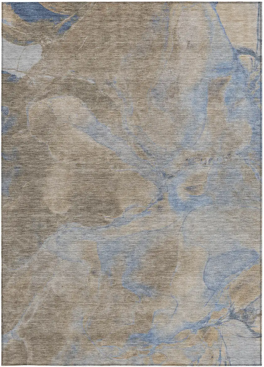 Taupe Beige And Blue Abstract Washable Indoor Outdoor Area Rug Photo 4