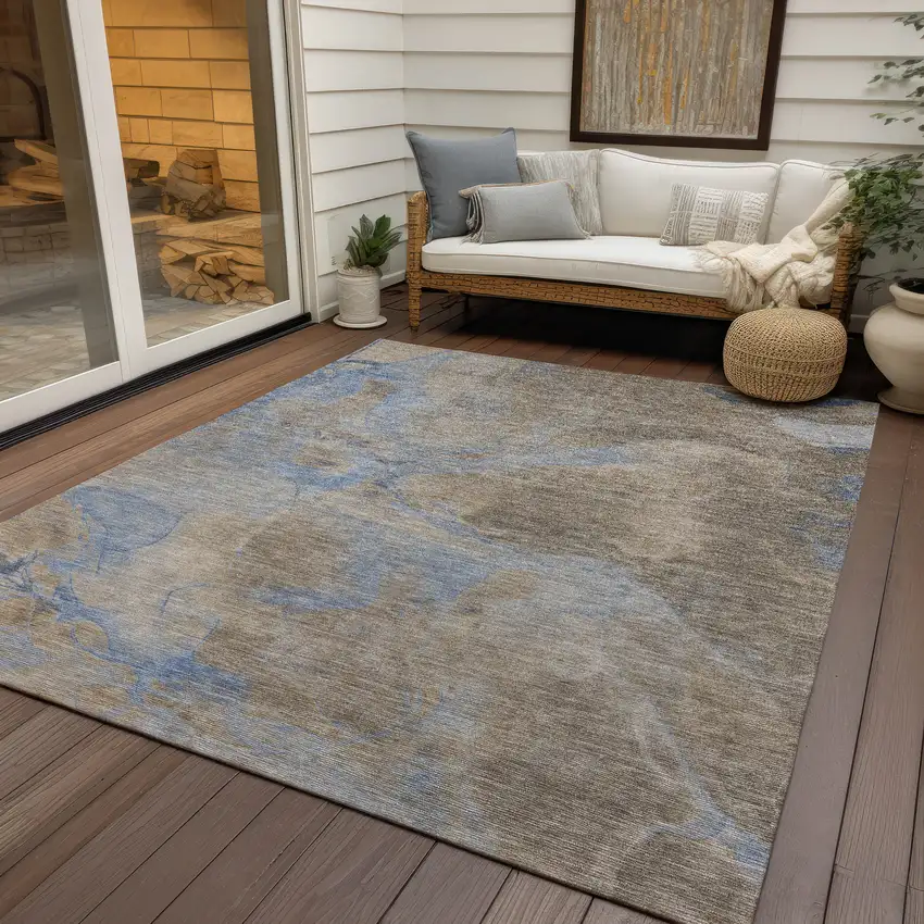 Taupe Beige And Blue Abstract Washable Indoor Outdoor Area Rug Photo 5