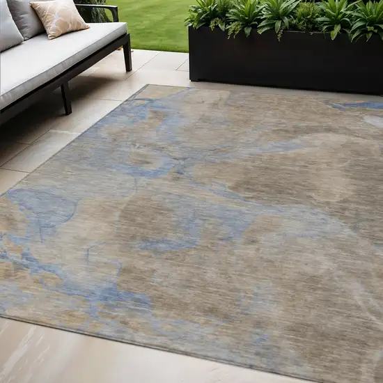 Taupe Beige And Blue Abstract Washable Indoor Outdoor Area Rug Photo 2