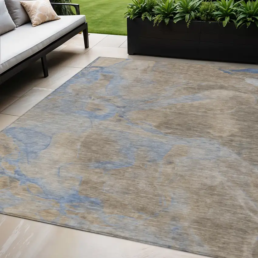 Taupe Beige And Blue Abstract Washable Indoor Outdoor Area Rug Photo 2