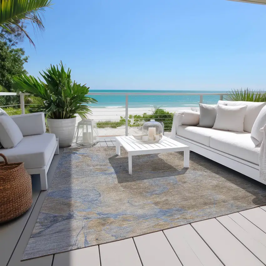 Taupe Beige And Blue Abstract Washable Indoor Outdoor Area Rug Photo 8