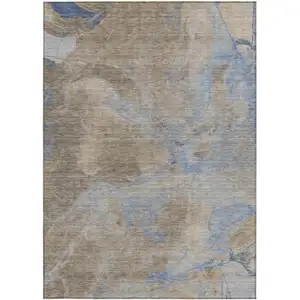 Photo of Taupe Beige And Blue Abstract Washable Indoor Outdoor Area Rug