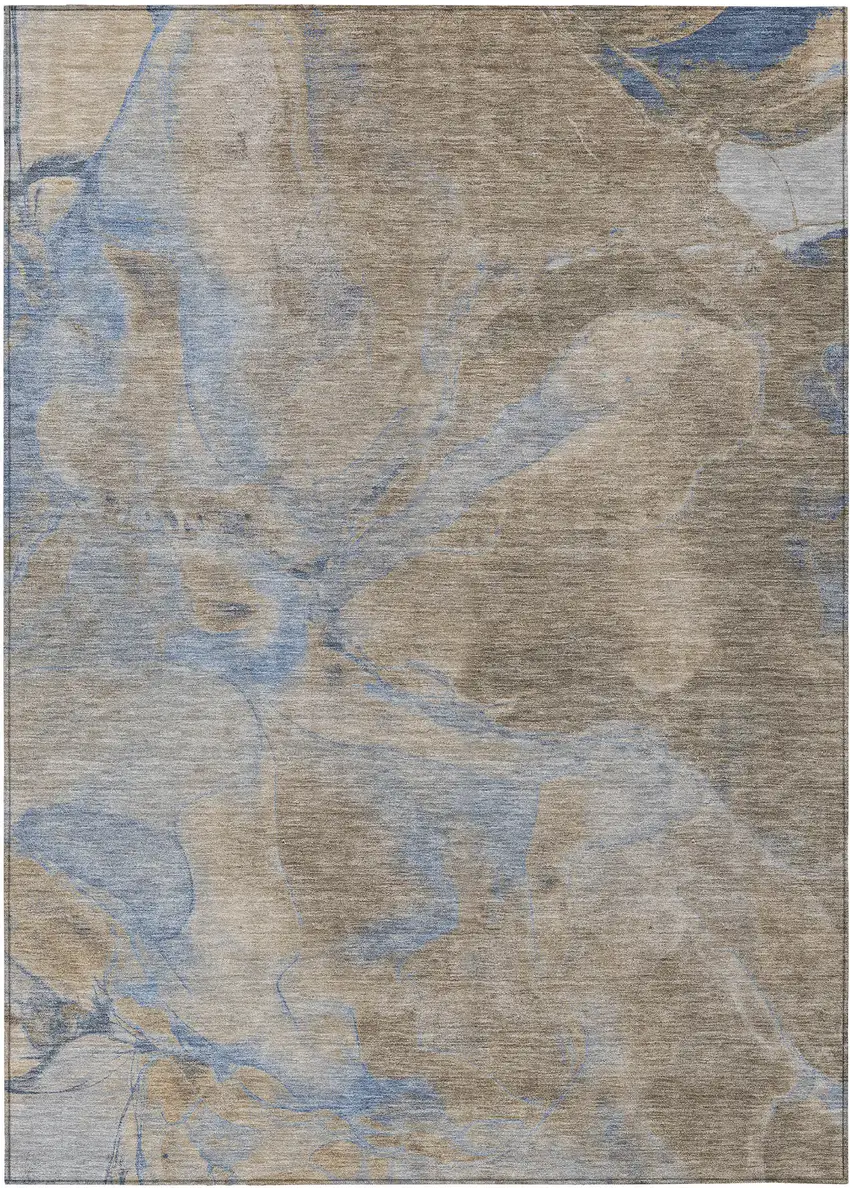 Taupe Beige And Blue Abstract Washable Indoor Outdoor Area Rug Photo 1