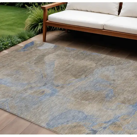 Taupe Beige And Blue Abstract Washable Indoor Outdoor Area Rug Photo 2