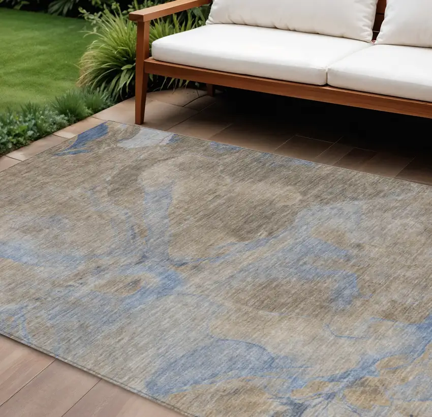 Taupe Beige And Blue Abstract Washable Indoor Outdoor Area Rug Photo 2