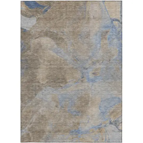 Taupe Beige And Blue Abstract Washable Indoor Outdoor Area Rug Photo 1