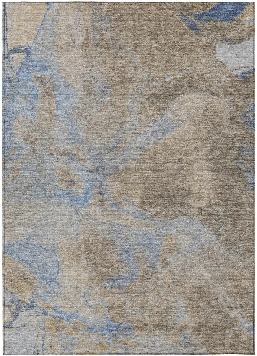 Taupe Beige And Blue Abstract Washable Indoor Outdoor Area Rug Photo 3