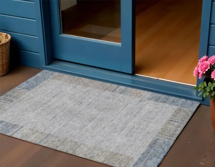 Taupe Beige And Blue Geometric Washable Indoor Outdoor Area Rug Photo 1