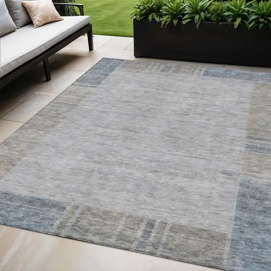 Taupe Beige And Blue Geometric Washable Indoor Outdoor Area Rug Photo 1