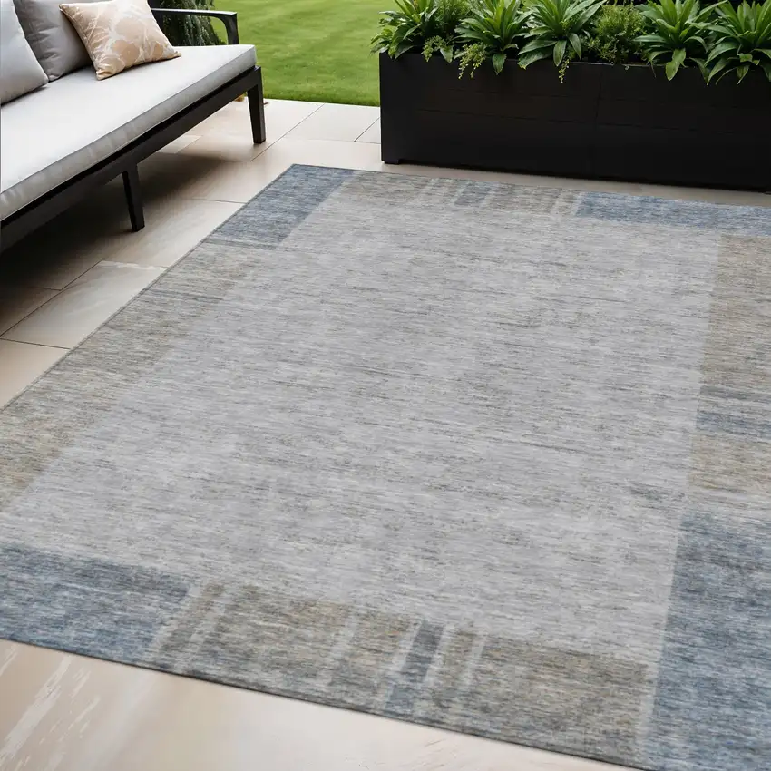 Taupe Beige And Blue Geometric Washable Indoor Outdoor Area Rug Photo 1