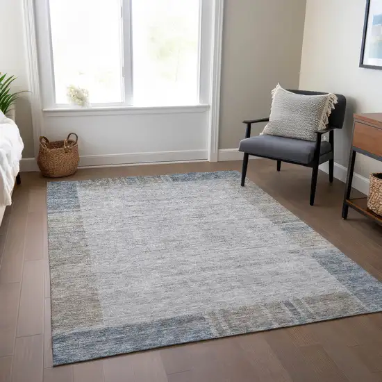 Taupe Beige And Blue Geometric Washable Indoor Outdoor Area Rug Photo 7