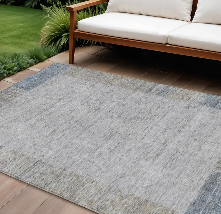 Taupe Beige And Blue Geometric Washable Indoor Outdoor Area Rug Photo 1