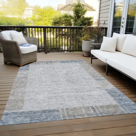 Taupe Beige And Blue Geometric Washable Indoor Outdoor Area Rug Photo 9