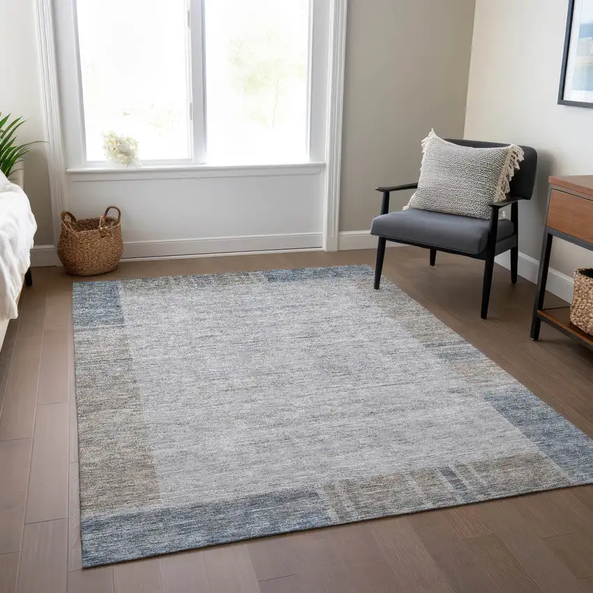 Taupe Beige And Blue Geometric Washable Indoor Outdoor Area Rug Photo 8