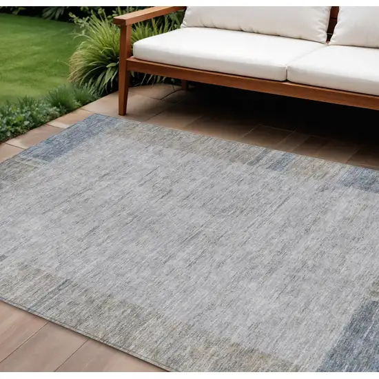Taupe Beige And Blue Geometric Washable Indoor Outdoor Area Rug Photo 1