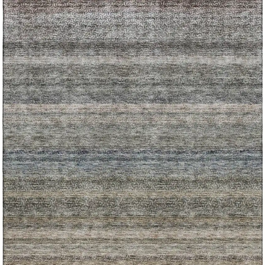 Taupe Beige And Blue Striped Washable Area Rug With UV Protection Photo 5