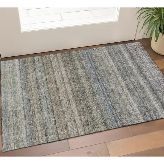 Taupe Beige And Blue Striped Washable Area Rug With UV Protection Photo 1