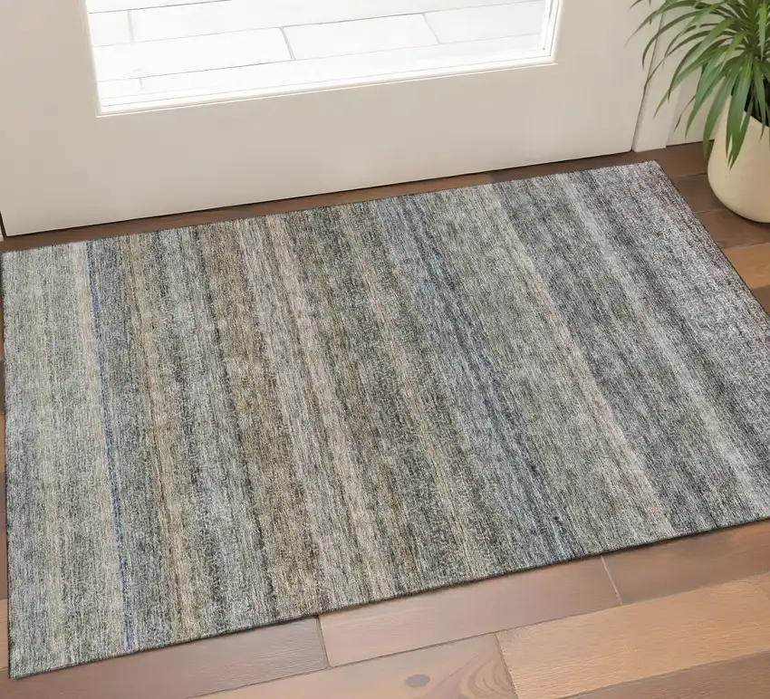 Taupe Beige And Blue Striped Washable Area Rug With UV Protection Photo 1