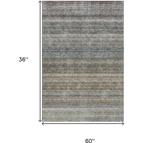 Taupe Beige And Blue Striped Washable Area Rug With UV Protection Photo 3