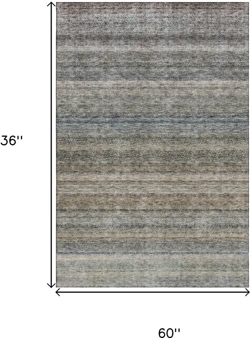 Taupe Beige And Blue Striped Washable Area Rug With UV Protection Photo 3