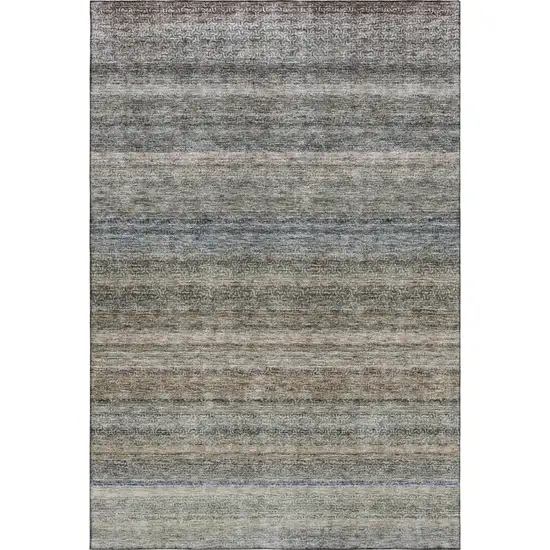 Taupe Beige And Blue Striped Washable Area Rug With UV Protection Photo 4