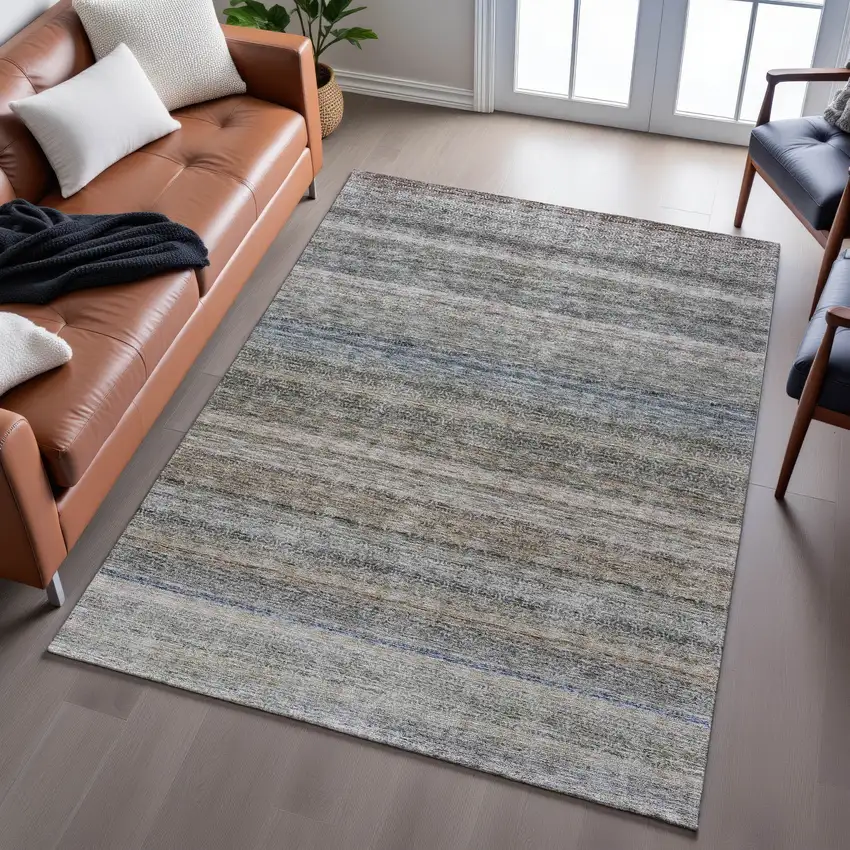 Taupe Beige And Blue Striped Washable Area Rug With UV Protection Photo 3