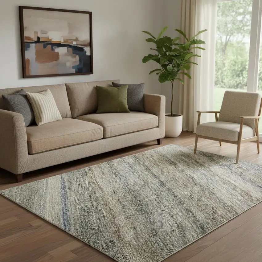 Taupe Beige And Blue Striped Washable Area Rug With UV Protection Photo 2