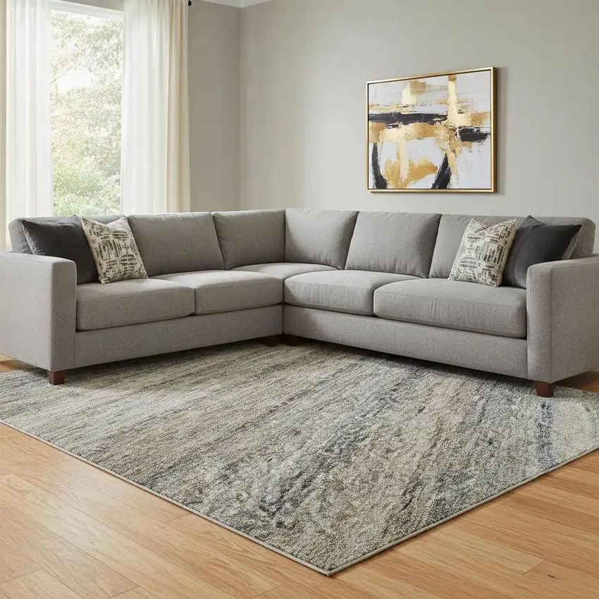 Taupe Beige And Blue Striped Washable Area Rug With UV Protection Photo 2