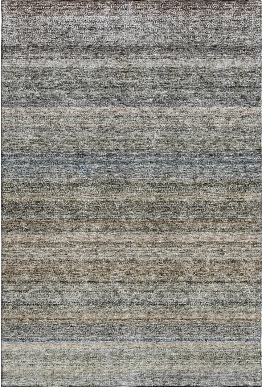 Taupe Beige And Blue Striped Washable Area Rug With UV Protection Photo 4