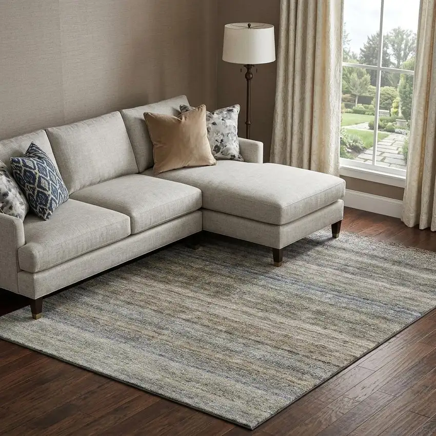 Taupe Beige And Blue Striped Washable Area Rug With UV Protection Photo 1