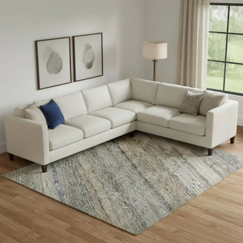 Taupe Beige And Blue Striped Washable Area Rug With UV Protection Photo 2