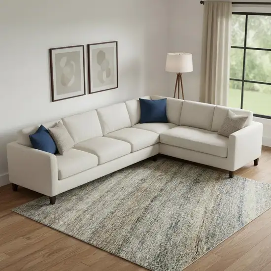 Taupe Beige And Blue Striped Washable Area Rug With UV Protection Photo 2