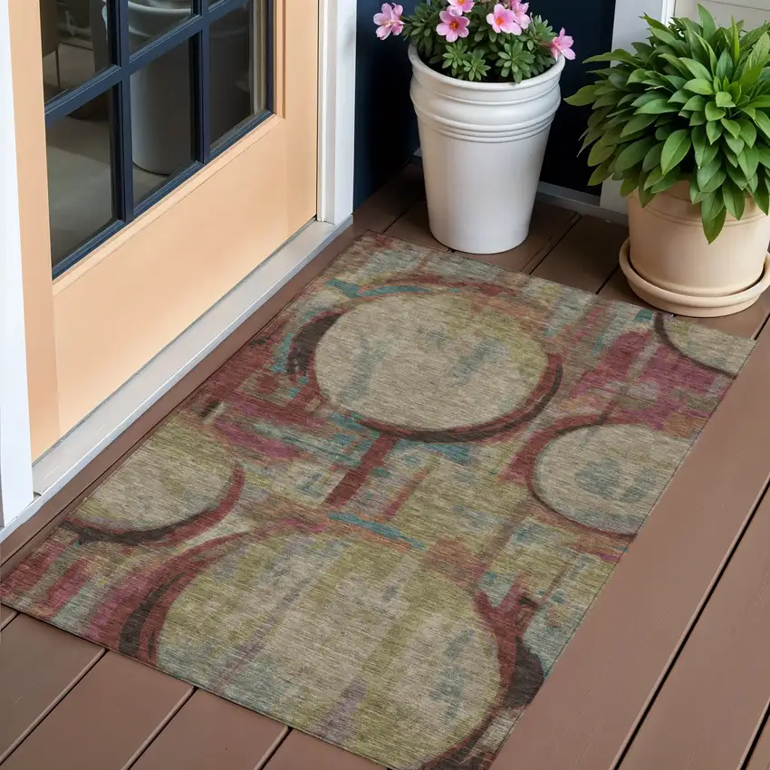 Taupe Beige And Blush Geometric Washable Indoor Outdoor Area Rug Photo 1