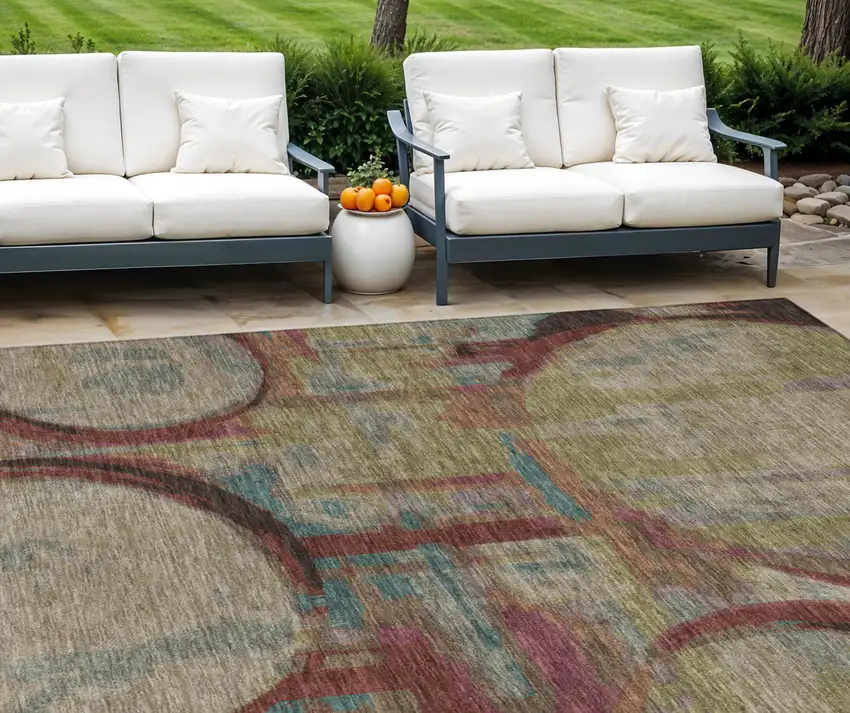 Taupe Beige And Blush Geometric Washable Indoor Outdoor Area Rug Photo 1