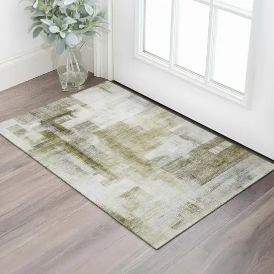 Taupe Beige And Brown Abstract Geometric Washable Area Rug With UV Protection Photo 2
