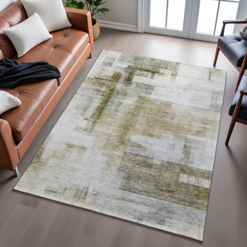 Taupe Beige And Brown Abstract Geometric Washable Area Rug With UV Protection Photo 4