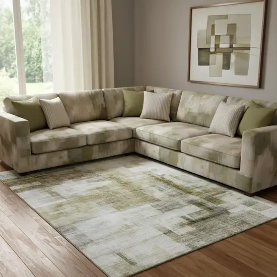 Taupe Beige And Brown Abstract Geometric Washable Area Rug With UV Protection Photo 2