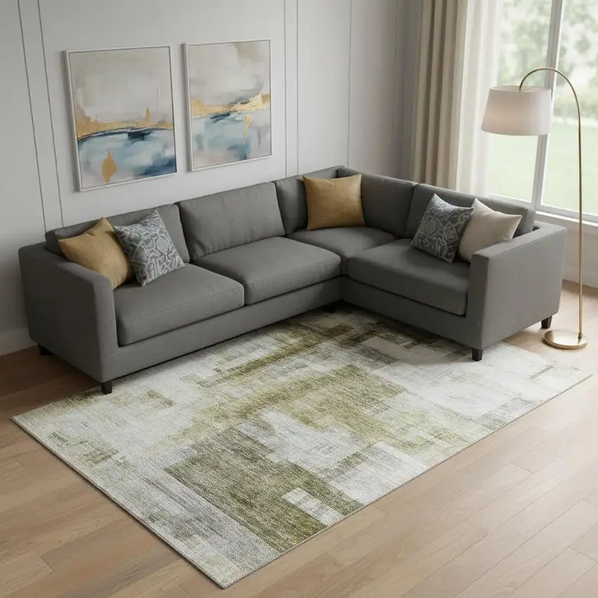 Taupe Beige And Brown Abstract Geometric Washable Area Rug With UV Protection Photo 2