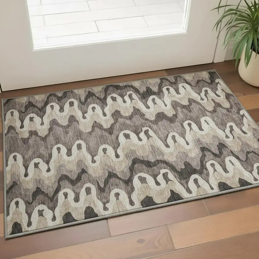Taupe Beige And Brown Abstract Washable Area Rug With UV Protection Photo 2