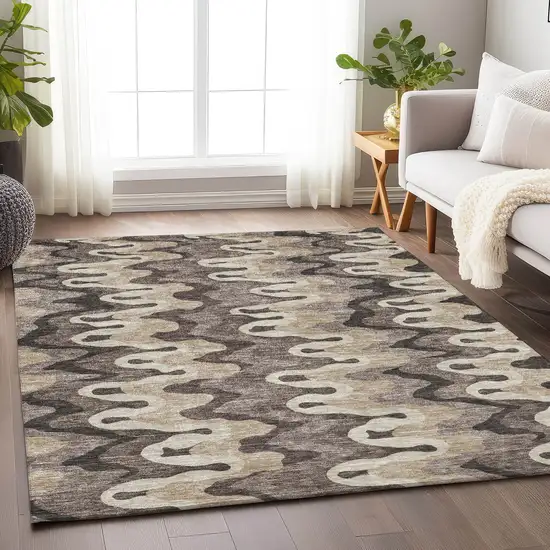 Taupe Beige And Brown Abstract Washable Area Rug With UV Protection Photo 5