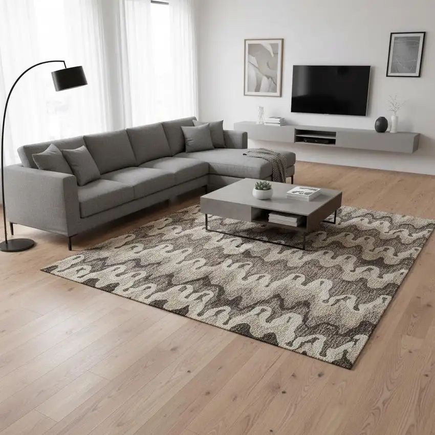Taupe Beige And Brown Abstract Washable Area Rug With UV Protection Photo 2