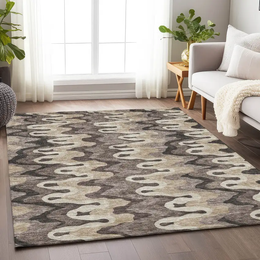 Taupe Beige And Brown Abstract Washable Area Rug With UV Protection Photo 5