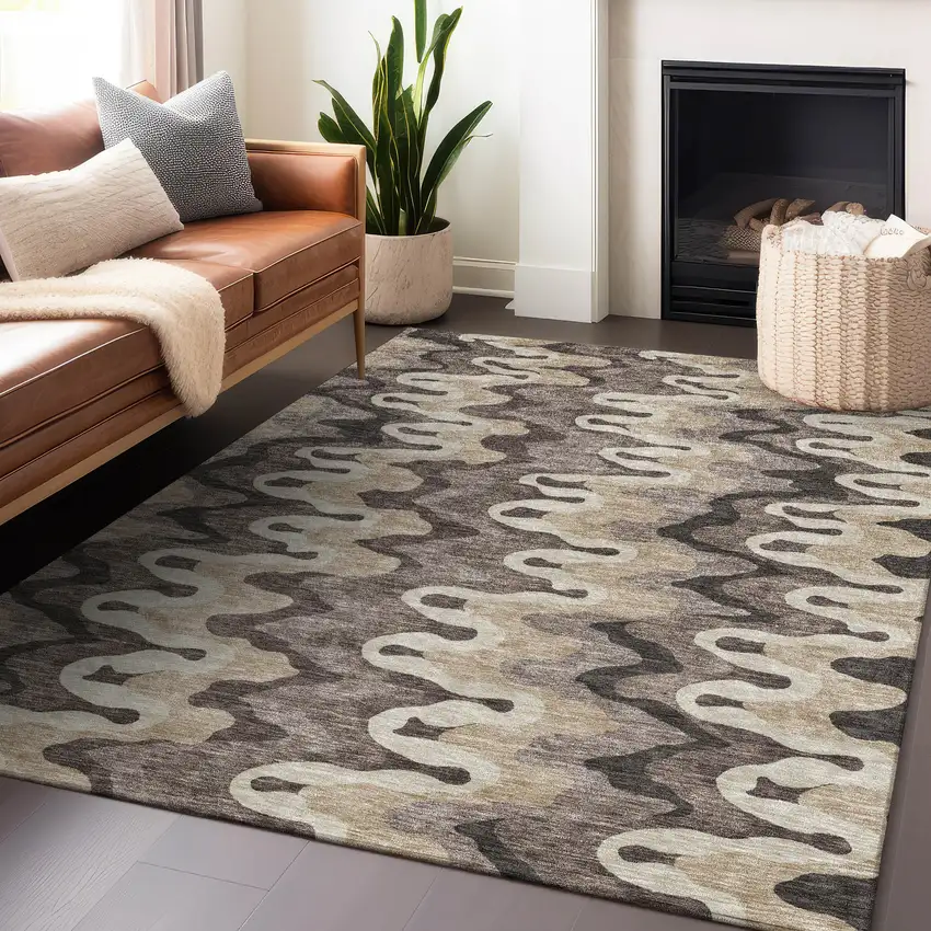 Taupe Beige And Brown Abstract Washable Area Rug With UV Protection Photo 6