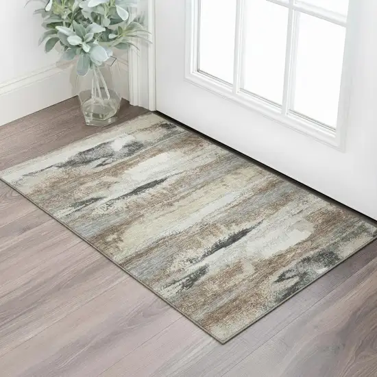 Taupe Beige And Brown Abstract Washable Area Rug With UV Protection Photo 1