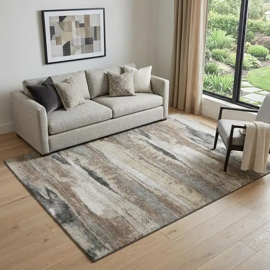 Taupe Beige And Brown Abstract Washable Area Rug With UV Protection Photo 1